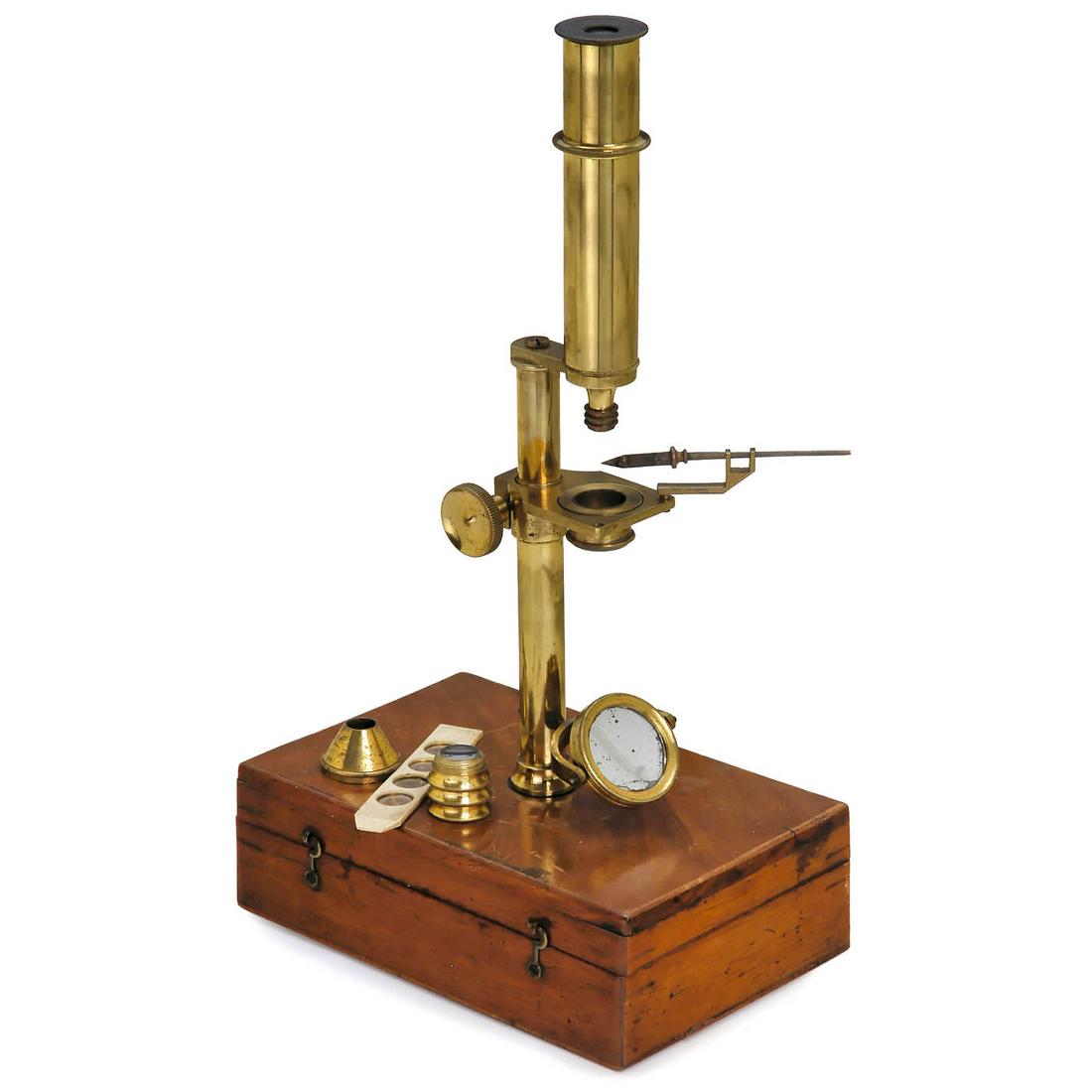 Box-Based Cary-Type Compound Microscope by Casella, c.: Box-Based Cary-Type Compound Microscope by Casella, c. 1850 Signed "L. Casella, London", original lacquered brass, concave single mirror, stage with rack-and-pinion focusing, overall height 10 in., wi
