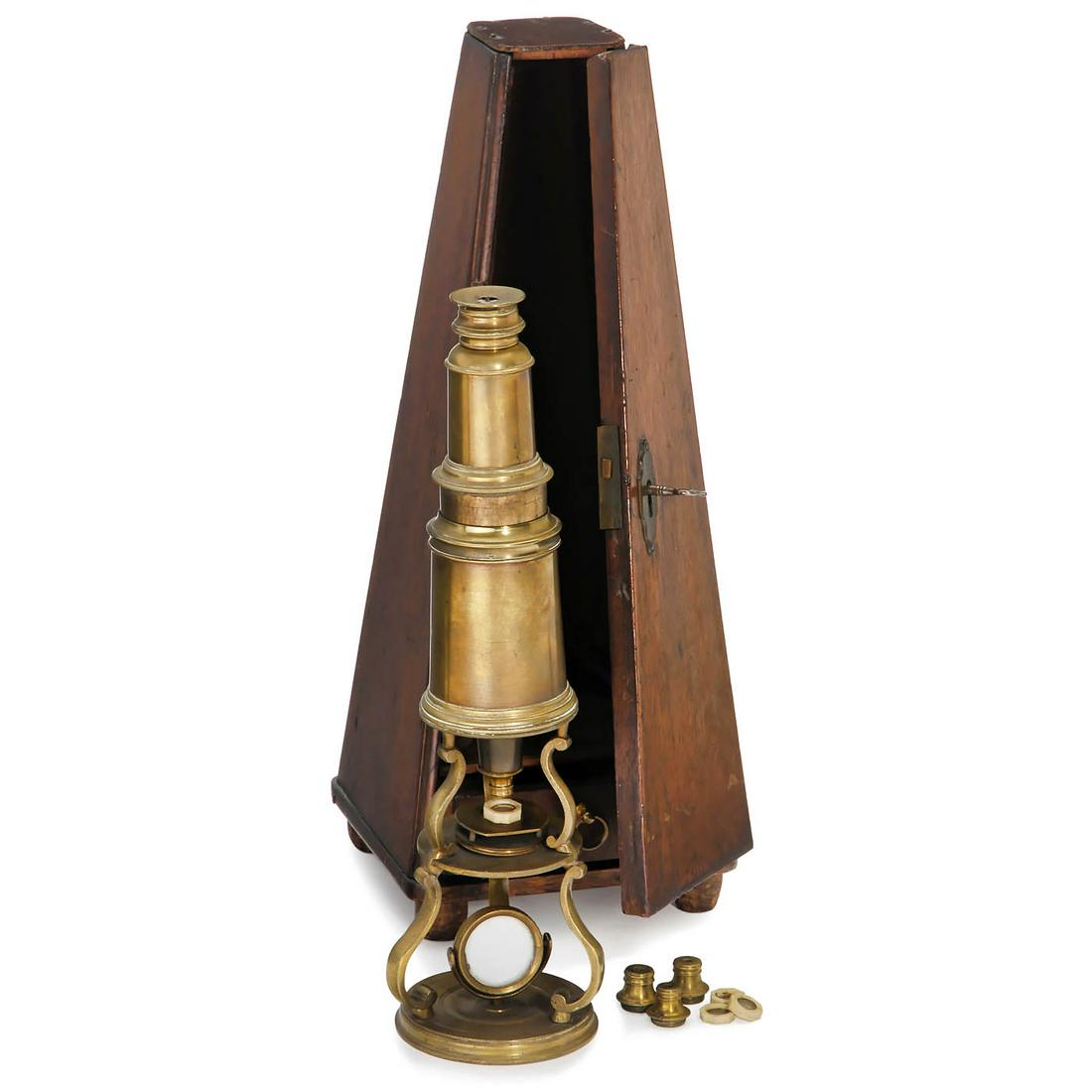 English Brass Culpeper-Type Compound Monocular: English Brass Culpeper-Type Compound Monocular Microscope, c. 1820 Unsigned, lacquered brass, draw tube, single mirror, closed height 10 1/5 in., with 4 objectives (1-4) and one ocular, 3 bone slides 