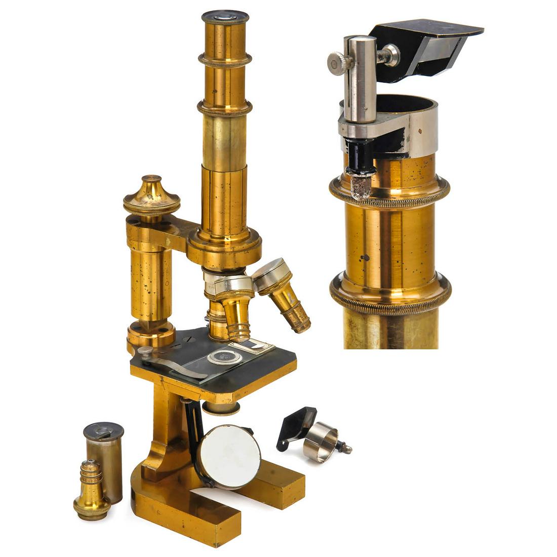 Carl Zeiss Research Microscope, 1882: Carl Zeiss Research Microscope, 1882 Signed on bar-limb: C. Zeiss, Jena. Serial no. 5653, original lacquered brass, black-lacquered table, stand Vb, cylinder aperture diaphragm in slider with dovetail