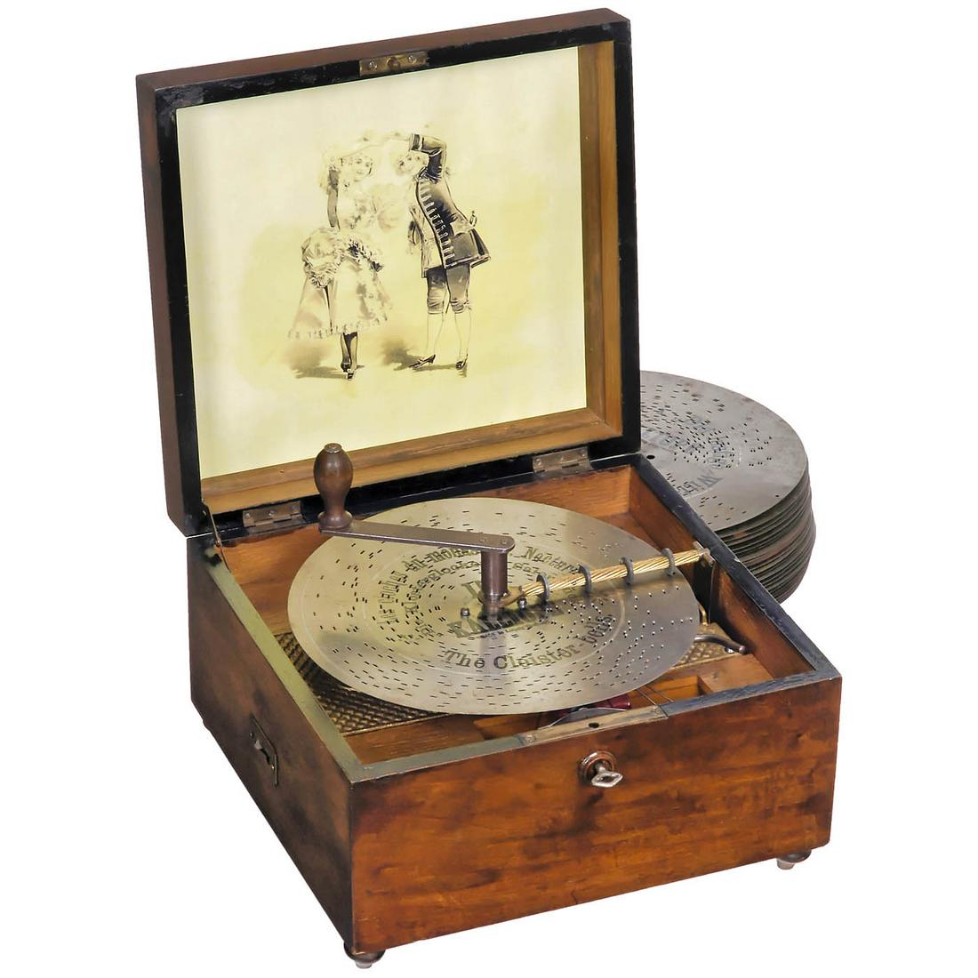 Kalliope No. 50G Disc Musical Box, c. 1900: Kalliope No. 50G Disc Musical Box, c. 1900 With 6 optional saucer bells, for 9 ¼ in. discs, 49 teeth in steel comb (complete), with 25 discs. Very good playing condition. Plattenspieldose "Kalliope N