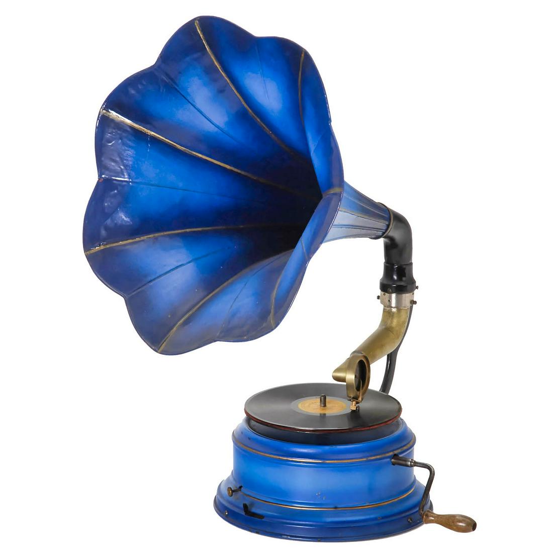Rare Horn Gramophone with Round Metal Case, c. 1914 (1 of 2)
