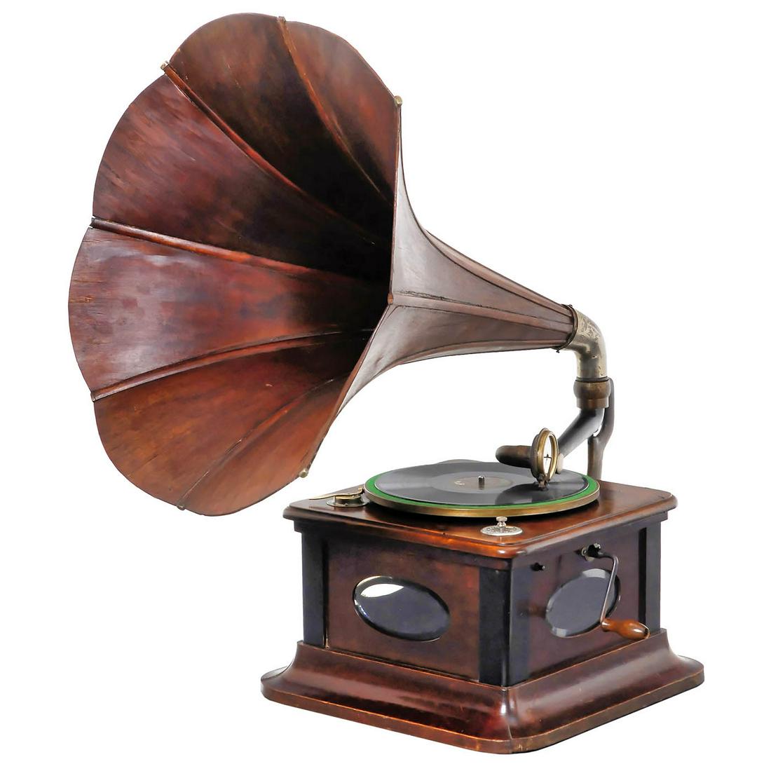 German Gramophone with Large Wood Horn, c. 1914 (1 of 2)