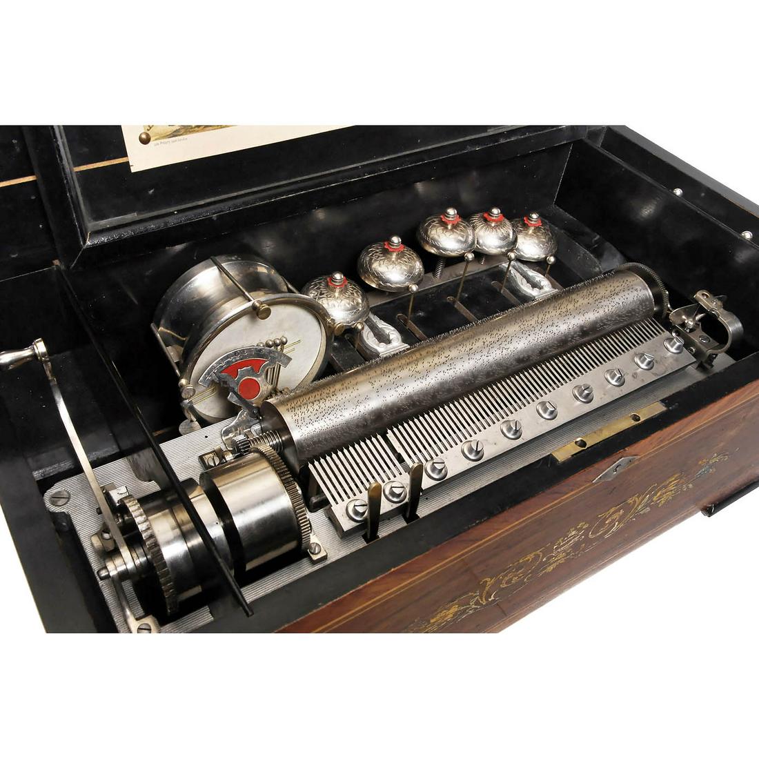 Visible Drum and Bells Musical Box, c. 1890: Visible Drum and Bells Musical Box, c. 1890 No. 82/89, possibly Cuendet, playing ten popular and operatic airs accompanied by optional drum and five engine-turned bells, with 61 musical and 13 percuss