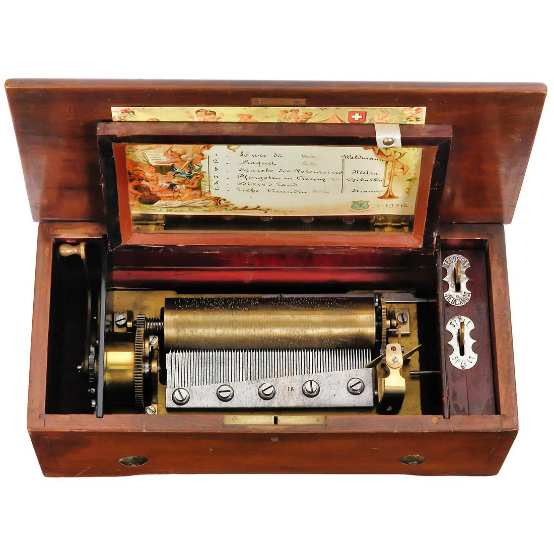 Musical Box by Mermod Frères, c. 1890: Musical Box by Mermod Frères, c. 1890 No. 19912, playing 6 light operatic and dance airs including "Dear Girlfriend" by Strauss and "Just like You" by Waldmann, with 72 teeth in comb (complete), wind