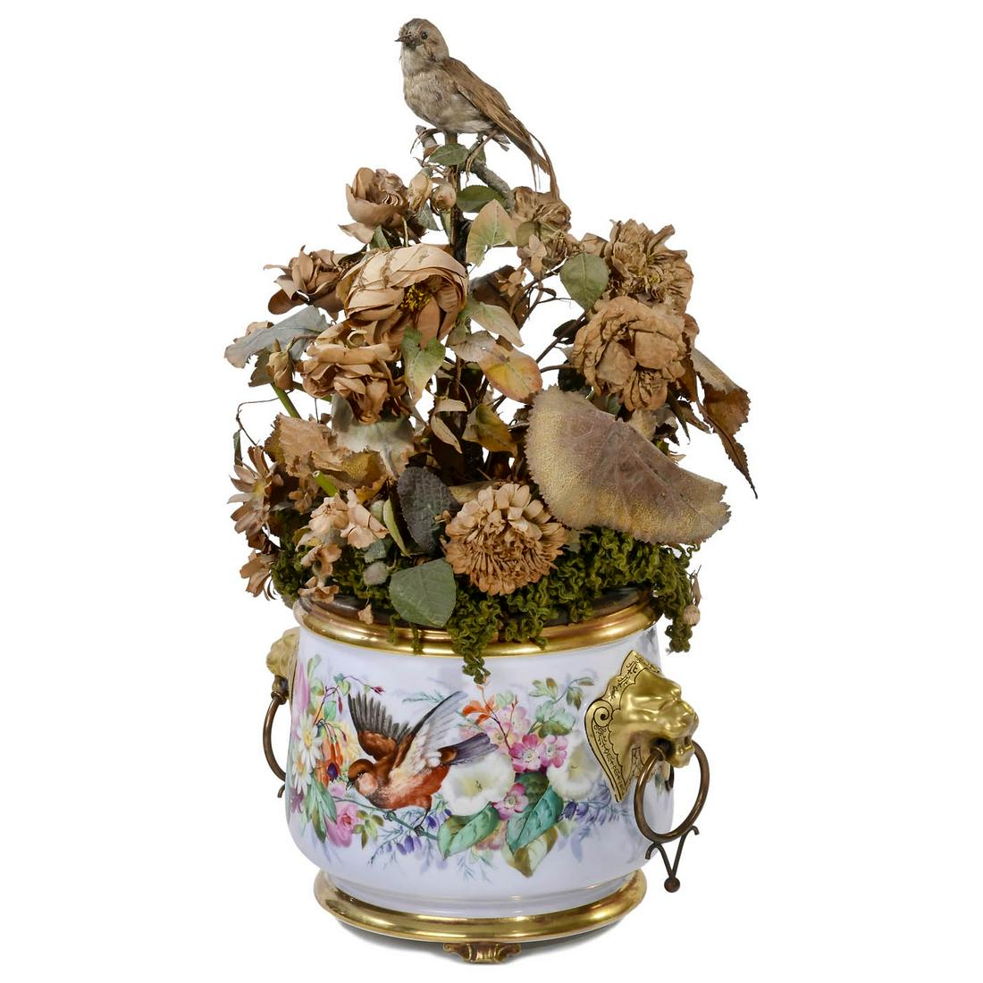 Automaton Singing Bird Jardinière by Blaise Bontems, c.: Automaton Singing Bird Jardinière by Blaise Bontems, c. 1890 Bird with brown plumage, articulated head, beak and tail controlled by going-barrel movement with bellows and whistle for birdsong, perche