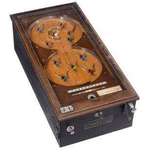 Bord-Golf German Coin-Activated Bagatelle Game, 1933: Bord-Golf German Coin-Activated Bagatelle Game, 1933 Mechanical German amusement machine by Jentzsch & Meerz, Leipzig. 5 and 10 Pfennig coin slots, for 10 or 20 balls, oak case, 16 ½ x 33 ½ in., tab