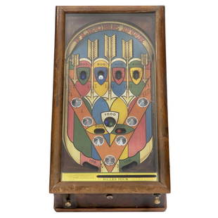 French "Fleche d'Or" Skill Ball Game, c. 1935: French "Fleche d'Or" Skill Ball Game, c. 1935 Coin-operated penny arcade game, with 9 catch fields, mechanically-operated, table-top model, playfield with interesting original painted decoration, comp