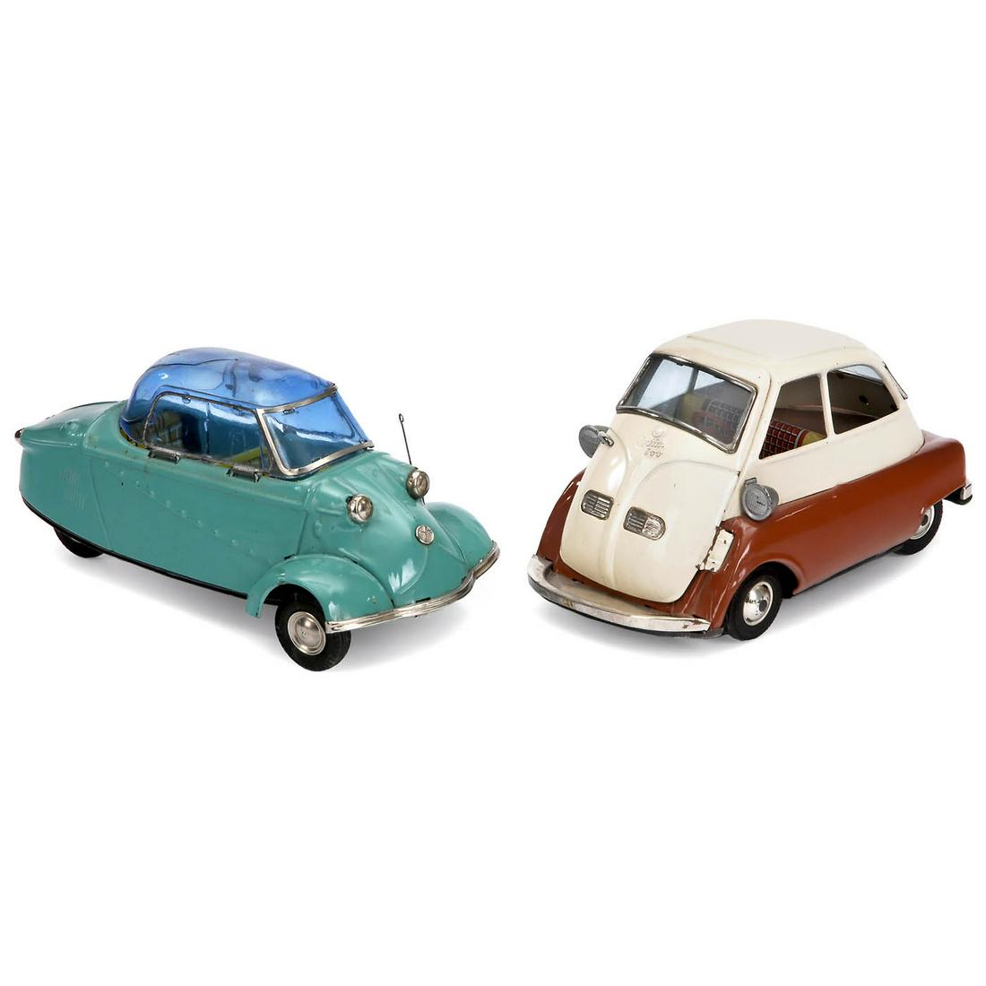 Isetta 300 and Messerschmitt Cabin Scooter by Bandai,: Isetta 300 and Messerschmitt Cabin Scooter by Bandai, c. 1960 Japan, painted tin, lithographed interiors, friction drives. 1) Messerschmitt Kabinenroller, length 8 in., roof with crack, with antenna. 