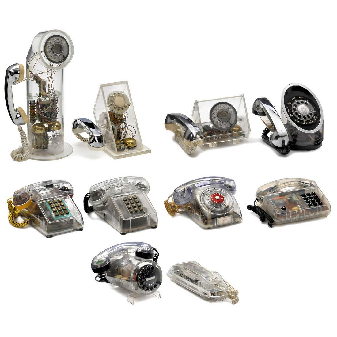 Ten Telephones in Transparent Cases: Ten Telephones in Transparent Cases Ericsson, Leever Brothers Company, Cicena and others. Perspex or plastic cases, with visible electronics and components, some illuminated by neon tubes or bulbs, Am