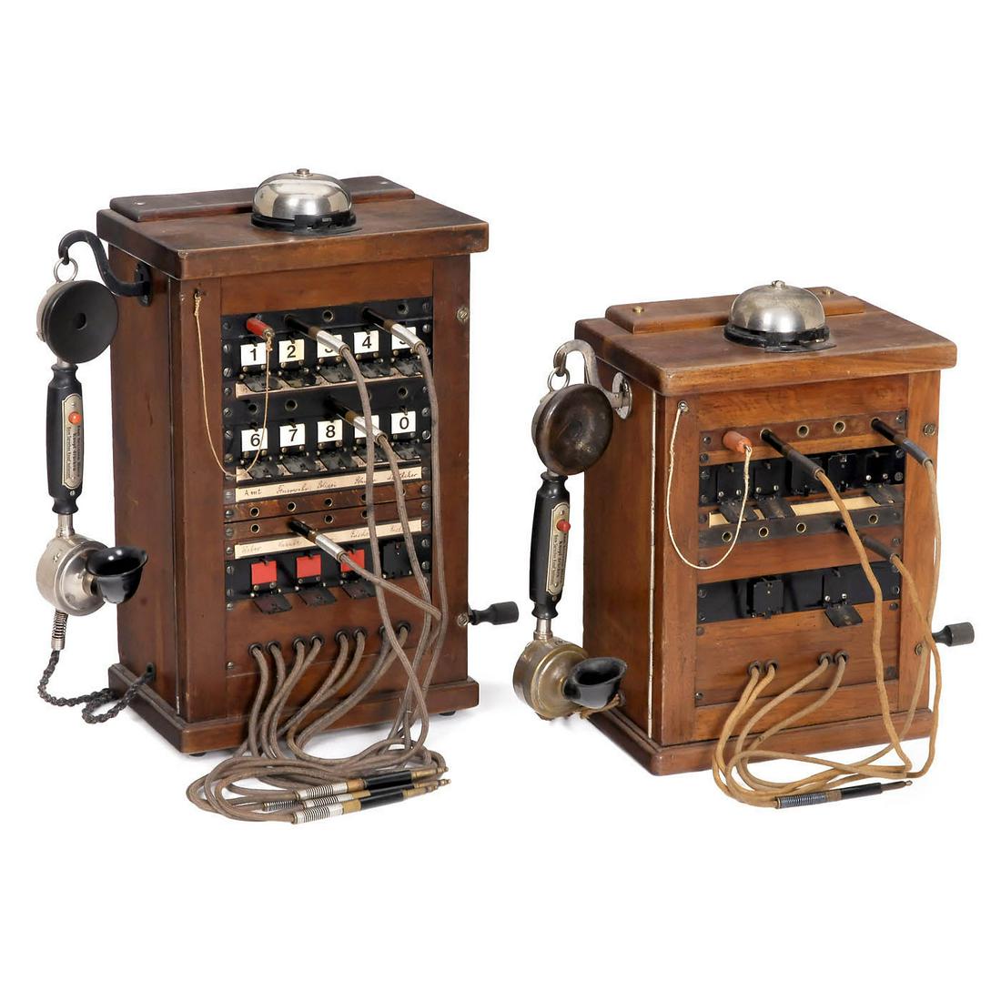 Two Telephone Switchboards of the Reich Telegraph: Two Telephone Switchboards of the Reich Telegraph Administration, 1917 RTV models OB05, one for 5 lines and one for 10 lines, both with alarm clocks with change-over switches, flaps, plugs, crank indu