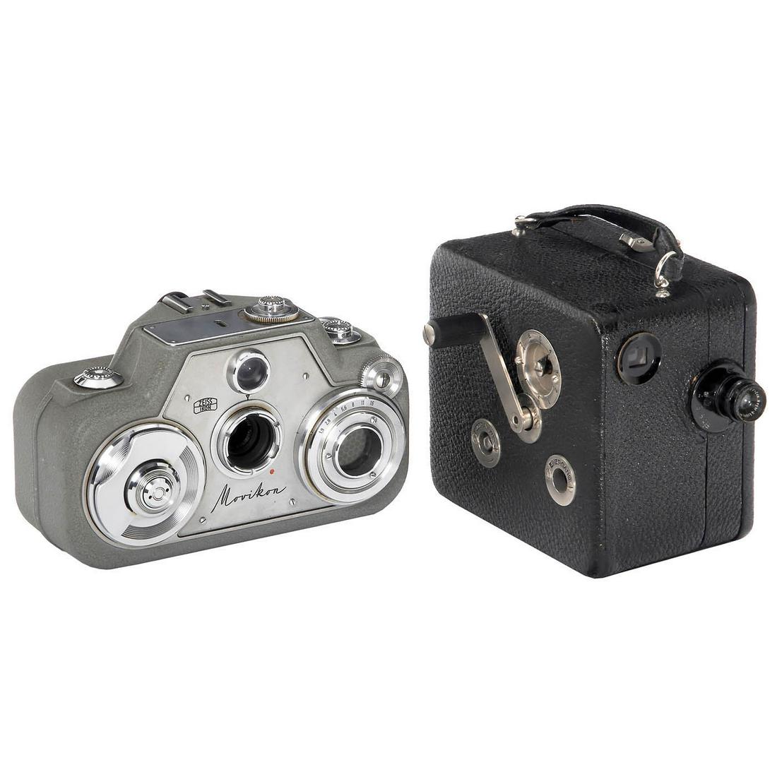 Cine Nizo 9 ½ Mod. A and Movikon 8B: Cine Nizo 9 ½ Mod. A and Movikon 8B 1) Niezoldi & Krämer, Munich. No. 86987, with Meyer Trioplan 3/2 cm, no. 425212, with Pathé cassette, clockwork drive without function, hand crank