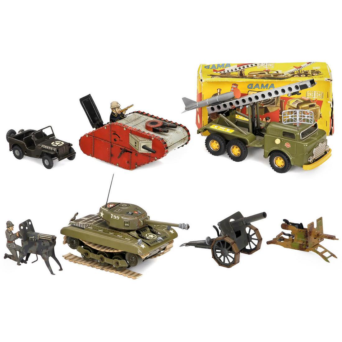 Military Vehicles and Cannons: Military Vehicles and Cannons 1) Gama No. 270, rocket truck, lithographed tin, friction drive, electric lighting of radar screen, rocket launching ramp, length 11 2/5 in., with instructions, radar ant
