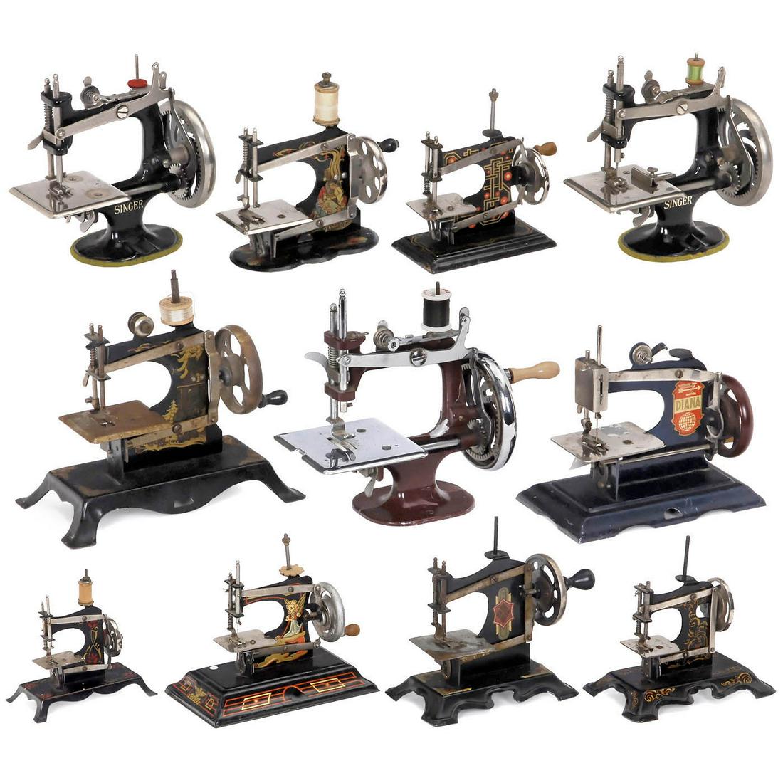 Eleven Toy Sewing Machines: Eleven Toy Sewing Machines 1) Casige, Germany, c. 1924, lithographed tin, width 4 ¾ in. - 2) Singer, USA, c. 1930, cast metal, black. - 3) Müller, Germany, c. 1940, lithographed tin, width