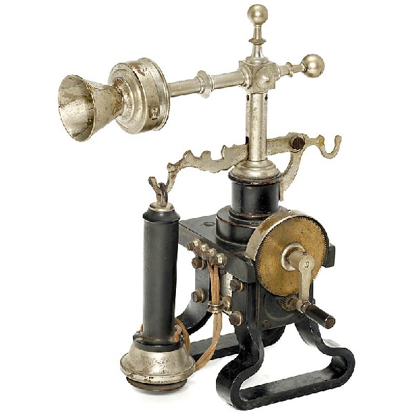 Bavarian Skeleton Telephone "Friedrich Reiner", c.: Bavarian Skeleton Telephone "Friedrich Reiner", c. 1903 Signed on the microphone cap "FR" (Friedrich Reiner, Munich), with swiveling microphone support, carbon microphone, Bell type earphone, speaker