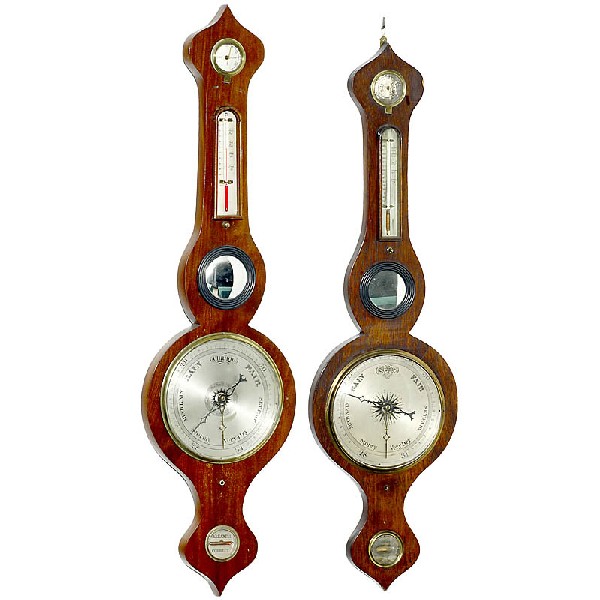 2 English Banjo Barometers, 19th Century: 2 English Banjo Barometers, 19th Century Each unmarked, silvered scales, Fahrenheit thermometer, heights 38 and 37 in. Deutsche Beschreibung: 2 englische Wetterstationen, 19. Jh. Jeweils unbezeichnet,