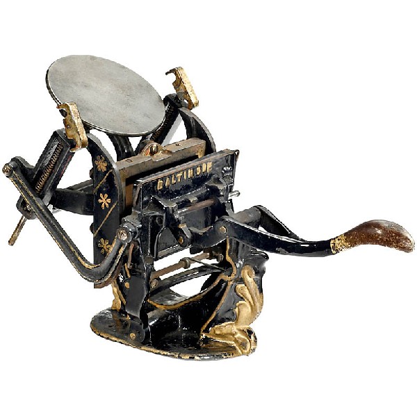 Miniature Printing Press "Baltimore", c. 1900: Miniature Printing Press "Baltimore", c. 1900 For small stationary as business cards, labels etc., no rollers. - Very decorative! Deutsche Beschreibung: Miniaturpresse "Baltimore", um 1900 Gußeiserne
