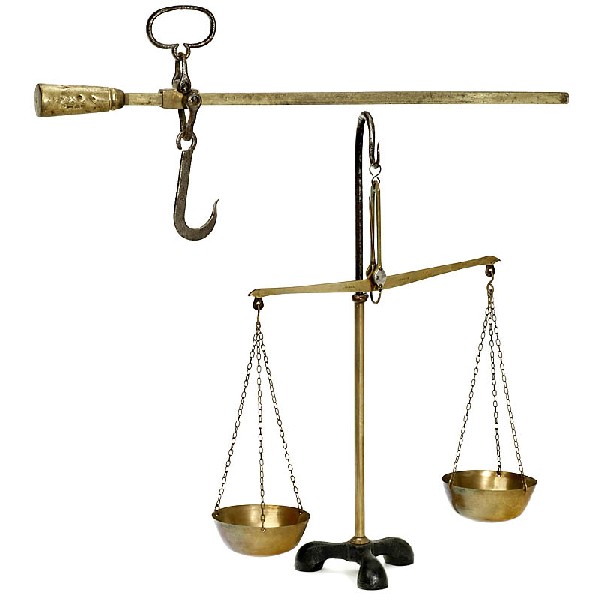 2 Historical Balances, c. 1880: 2 Historical Balances, c. 1880 1) Sliding weight scale, brass and wrought iron, length: 21 1/4 in. - And: 2) Beam balance, manufactured by "C. Becker, Arnhem", brass and iron. Deutsche Beschreibung: 2