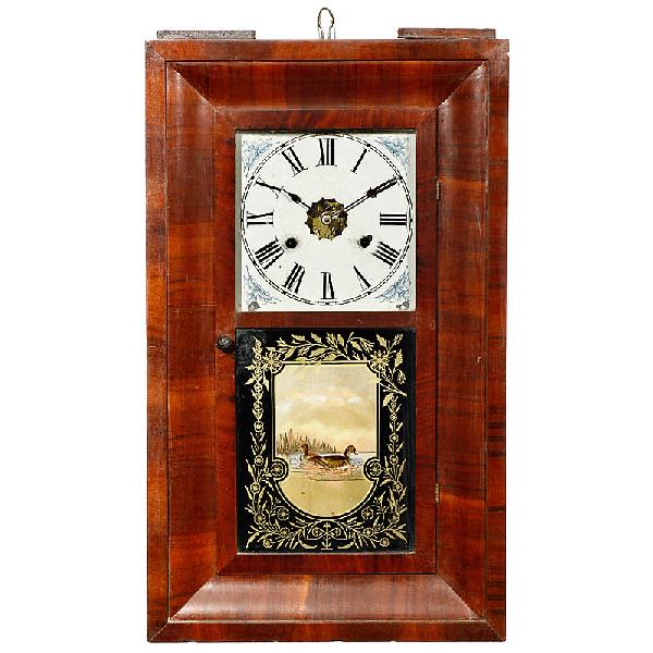 American Wall Clock "Jerome & Co.", c. 1870: American Wall Clock "Jerome & Co.", c. 1870 30-hour weight-driven clock, printed dial, door with reverse glass printing (minor damages), hour strike on spiral gong, size: 15 2/5 x 4 1/3 x 26 1/3 in. C