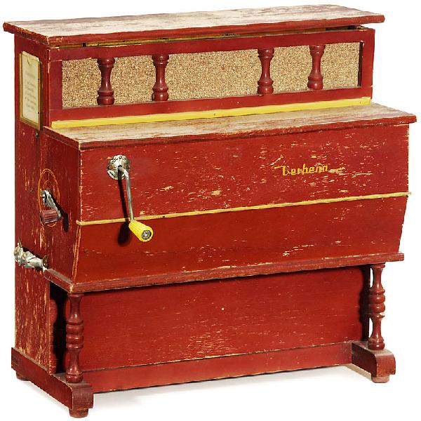 Spanish Barrel Orchestrion "Verbena", c. 1960: Spanish Barrel Orchestrion "Verbena", c. 1960 Mechanical toy instrument by: "Reig", Spain, handcrank-operated, with bars, wood block, bells and cymbal, 4 tunes, varnish partly damaged, size: 15 x 7 4/