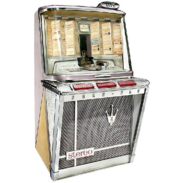Jukebox "Rock-Ola Empress 200", 1962: Jukebox "Rock-Ola Empress 200", 1962 Model 1497, for 100 records 45 rpm, coin-operated, original condition, with 100 records (oldies). - Playing condition, selects not all discs! WATCH & LISTEN ON: YO