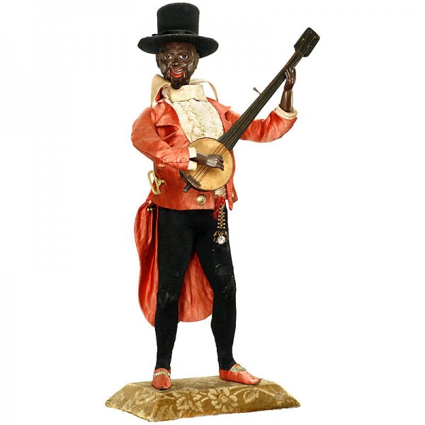 Rare Black Banjo-Player Automaton by Lambert, c. 1: Rare Black Banjo-Player Automaton by Lambert, c. 1885 With papier-mâché head, brown glass eyes, articulated eyelids and jaw, bisque hands, the left supporting neck of a four-string wood banjo, going