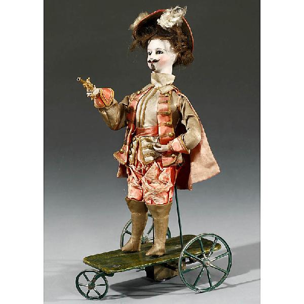 Early Platform Automaton of a Marksman, c. 1875: Early Platform Automaton of a Marksman, c. 1875 Probably by Gustave Vichy, with rare bisque character head modelled as a man with moulded moustache and goatee beard, closed mouth, fixed blue eyes, fea