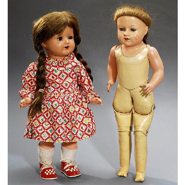 2 Dolls with Celluloid Heads, 1930/1950: 2 Dolls with Celluloid Heads, 1930/1950 1) Girl, 17 in., head marked with turtle in diamond. - And: 2) Girl, 16 in., head marked with turtle in diamond and "340/40". Deutsche Beschreibung: 2 Puppen mi
