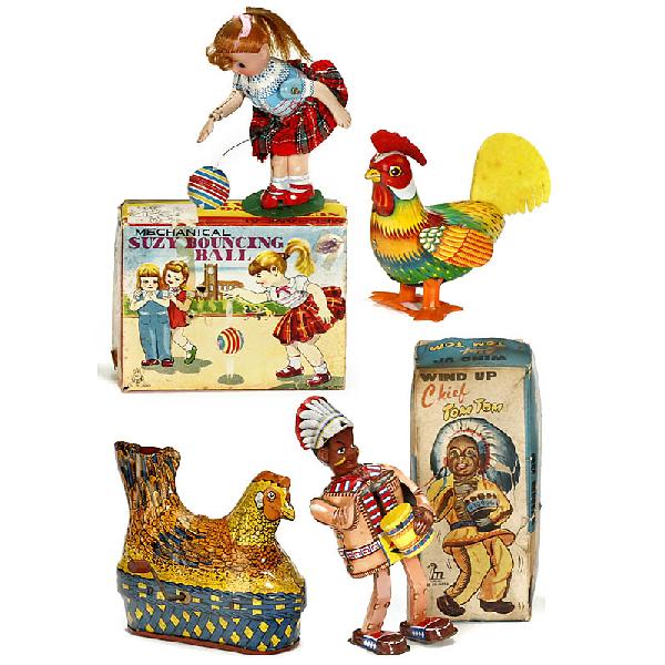 4 Mechanical Tin Toys, c. 1965: 4 Mechanical Tin Toys, c. 1965 1) "Wind up Chief Tom Tom", manufactured by: Mikuni, Japan; with box. - 2) "Suzy Bouncing Ball", manufactured by: T. P. S., Japan; with box. - 3) Walking rooster, made i