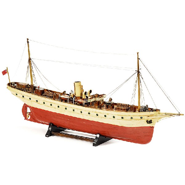 Exclusive Model of a British Steam Yacht, c. 1910: Exclusive Model of a British Steam Yacht, c. 1910 Toy model boat, manufacturer unknown, powered by an early electric motor, screw propulsion, metal hull, wooden planks with metal superstructure, 2 mas