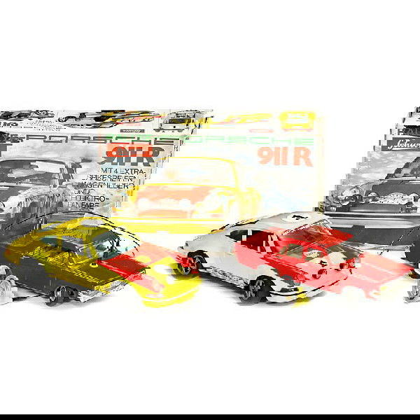 Schuco Porsche 911 R and Control Car 5309, c. 1975: Schuco Porsche 911 R and Control Car 5309, c. 1975 1) No. 356218, rally version, battery-powered, complete with accessories in original box. - And: 2) Electric control car, metal, battery-powered. Deu