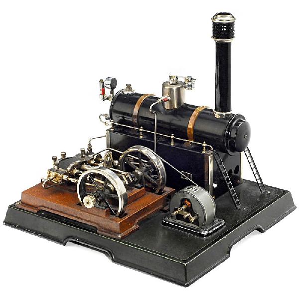 Compound Steam Engine "Märklin (4158/91/7)", 1930: Compound Steam Engine "Märklin (4158/91/7)", 1930 Horizontal steam engine with high- and low-pressure cylinder in one common cylinder casing, slide valve gear, boiler tube, vaporizing safety spirit l