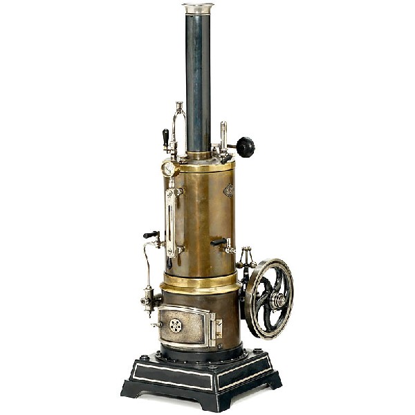 Vertical Steam Engine "G. Carette (671/4P)", 1895: Vertical Steam Engine "G. Carette (671/4P)", 1895 With feed pump, slide valve gear, fixed cylinder Ø 9/10 in., boiler Ø 3 1/2 in., flywheel Ø 4 1/8 in., overall size: 5 4/5 x 5 4/5 x 19 1/3 in. Com