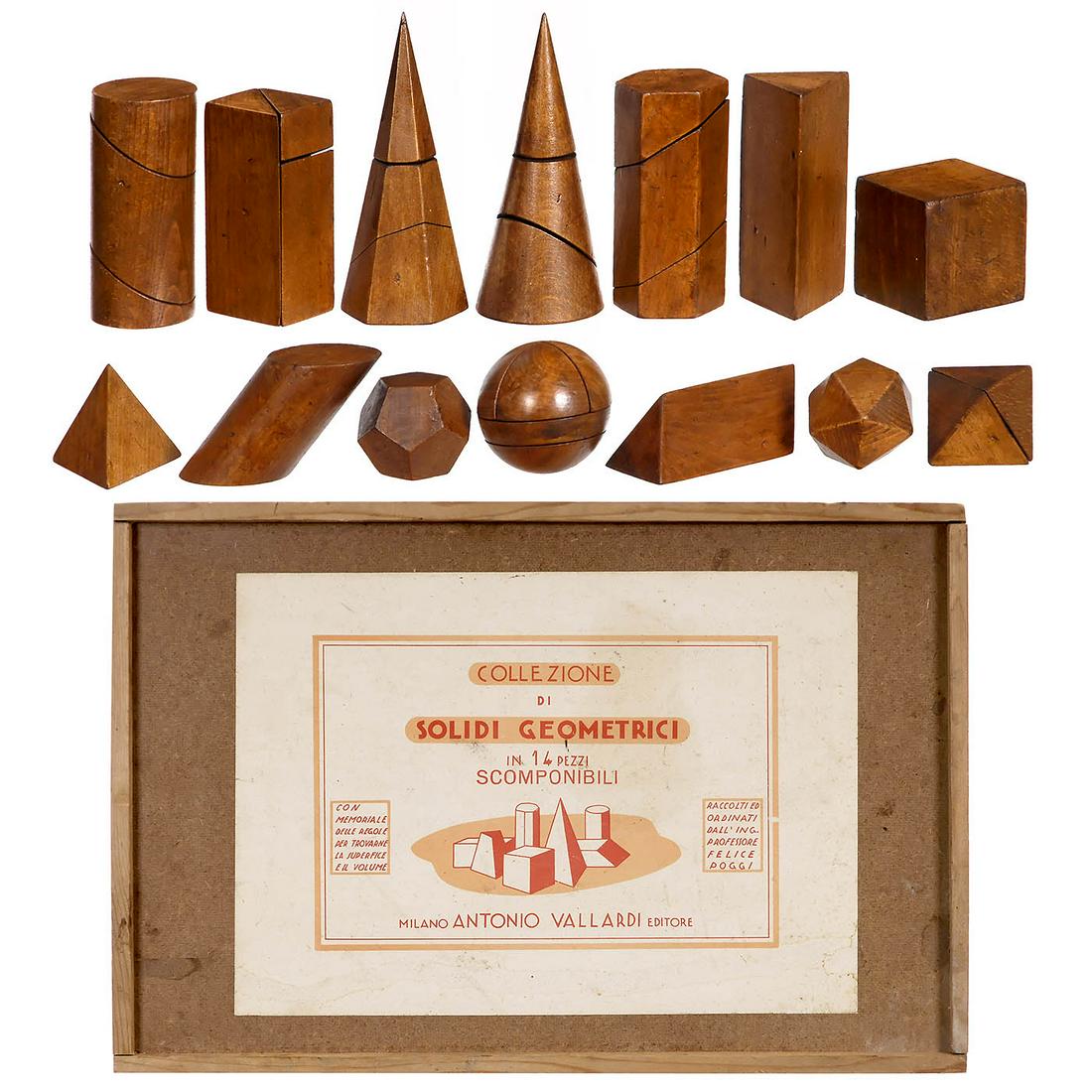Fourteen Geometrical Teaching Models, c. 1957: Fourteen Geometrical Teaching Models, c. 1957 "Collezione di Solidi Geometrici", by Antonio Vallardi, Milano, Italy, including six segmented models, cuboid, cube, cylinder, cone, prism, round pyramid,