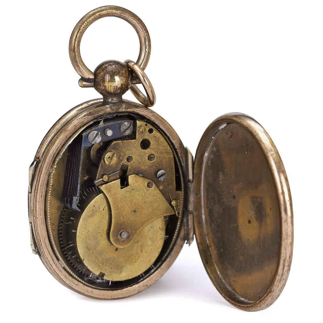 Musical Silver-Gilt Locket, c. 1830: Musical Silver-Gilt Locket, c. 1830 No. 1705, with Barillet movement playing single air on stack of eight steel teeth, engine-turned silver-gilt case with floral and foliate borders, opening on both s