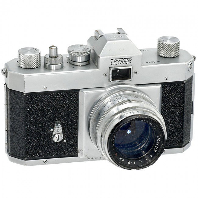 Ucaflex, 1951: Ucaflex, 1951 Uca, Flensburg (successor of ELOP). A very inventive mixture out of SLR and rangefinder camera, no. 1536, focal plane shutter works, with Ucalux 1,9/5 cm in screw-mount, mini dent, other