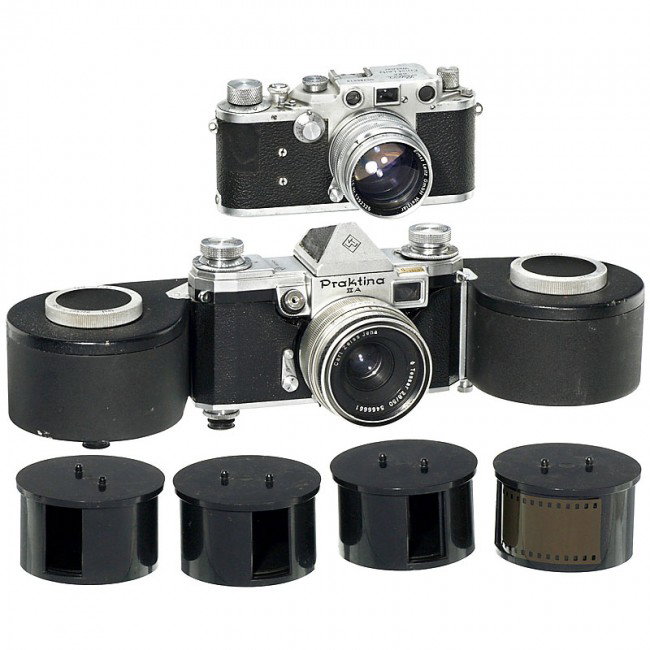 Leica IIIc and Praktina IIA with Bulk Film Back: Leica IIIc and Praktina IIA with Bulk Film Back 1) Leitz, Wetzlar. Leica IIIc, 1941, no. 385618, synchronized, leather covering not compete. (3-4/3-) With Summarit 1,5/5 cm, no. 1392325, 1956, mint co