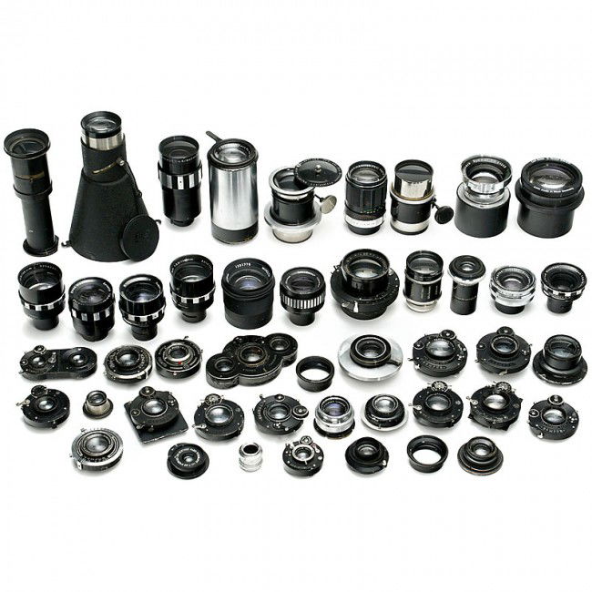 Large Lot Lenses: Large Lot Lenses Approx. 45 lenses with different camera mounts. Manufacturers: Unger & Hoffmann, Schneider, Zeiss, Suter, Berthiot, Opt. Werke Rüdersdorf, Goerz and more. Various conditions. Take a