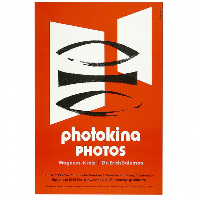 Early Poster "Photokina Photos", 1957: Early Poster "Photokina Photos", 1957 Photokina prints "Magnum-Kreis, Dr. Erich Salomon, 12.1.-17.2.1957 im Museum für Kunst und Gewerbe Hamburg". Printing: Sulter, Hamburg. Size: 23 x 33 in. Frühes