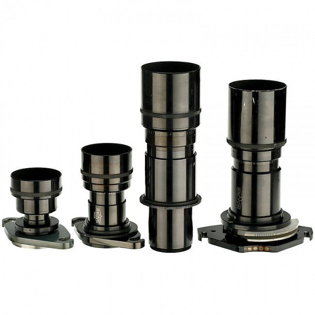 4 Lenses for TV Cameras, c. 1960: 4 Lenses for TV Cameras, c. 1960 Kinoptik, Paris. 1) Apochromat 2/50mm - lens and glass clean. (3+/3+). 2) Apochromat 2/75mm - lens and glass clean. (3/3). 3) Apochromat 2/100mm - glass minimal dearty