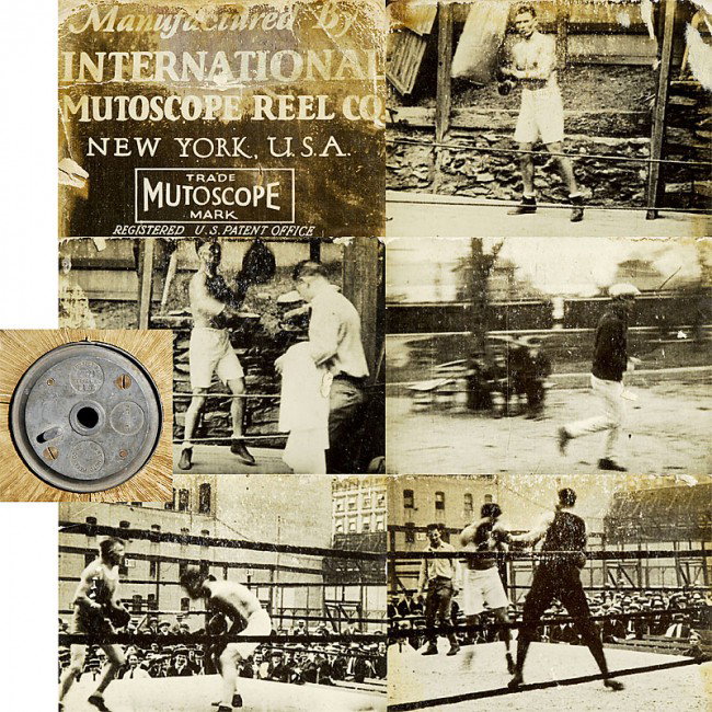 Original Mutoscope Reel "Boxing Jack Dempsey in Tr: Original Mutoscope Reel "Boxing Jack Dempsey in Training" Reel no. 7234, including training with the punchbag, run training and a public fight. Original-Mutoscope-Rolle "Der Boxer Jack Dempsey beim Tr