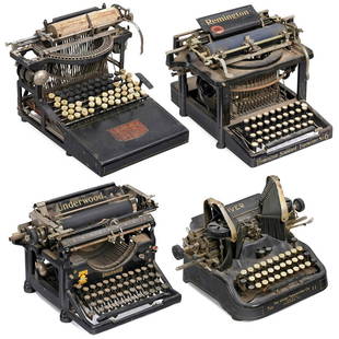 4 American Typewriters: 4 American Typewriters 1) "The Caligraph No. 2", c. 1895, American Writing Co., New York, serial no. 36301, early American upstroke machine with full keyboard, shift-keys on both sides, 72 characters