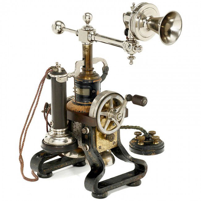 Skeleton Phone by Legendary "L. M. Ericsson, Stockh: Skeleton Phone by Legendary "L. M. Ericsson, Stockholm", c. 1884 With swivelling microphone, crank inductor and lightning protection. Exceptionally rare and early collector's piece in top museum quali