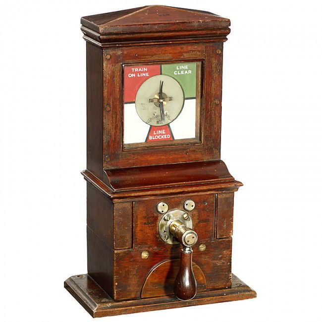 British Single-Needle Railway Telegraph, c. 1890: British Single-Needle Railway Telegraph, c. 1890 Line indicator of the "Midland Railway", mahogany case, height 19 in., complete, good original condition. Britischer Eisenbahn-Nadeltelegraph, um 1890