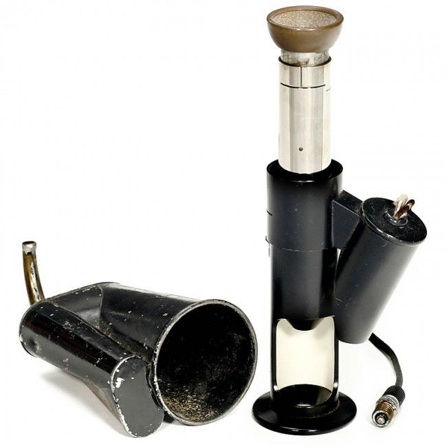 Capillary Microscope and Hearing Aid: Capillary Microscope and Hearing Aid 1) Microscope used for the examination of flat objects (skin surfaces as example), unmarked, height 7 4/5 in. - And: 2) Ear trumpet, folded construction, brass and