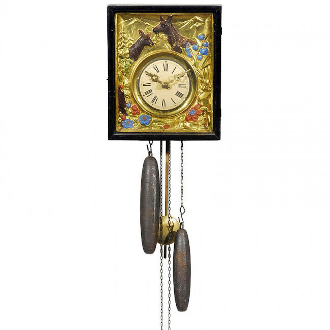 Black Forest Frame Clock, c. 1880: Black Forest Frame Clock, c. 1880 Unmarked, wood-plated movement with anchor escapement, hour strike on bell, embossed and painted brass front, wooden case 7 4/5 x 9 1/2 x 5 in. With pendulum and weig