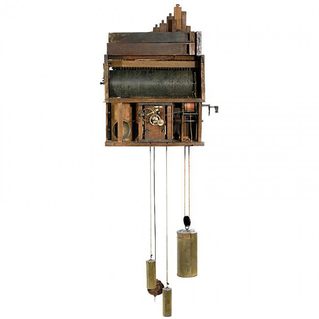 Black Forest Flute Clock, c. 1850: Black Forest Flute Clock, c. 1850 German, weight-driven 30-key movement with pinned wooden barrel for 8 tunes, 30 pipes in 1 rack, brass clockwork mechanism in wood plates, hour strike on bell. Plays 