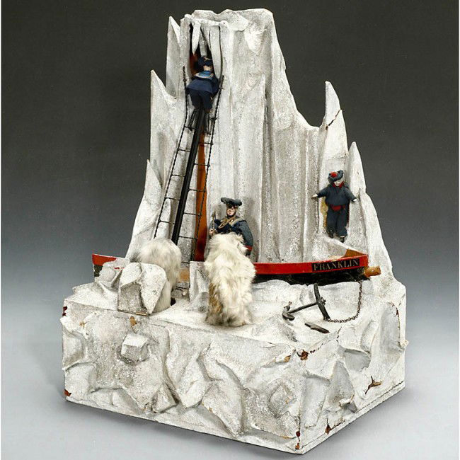 Sensational Automaton of Sir John Franklin's Lost: Sensational Automaton of Sir John Franklin's Lost Expedition, Late 19th Century Possibly by Roullet & Decamps, showing Franklin's icebound boat and three sailors (two articulated, one static), in scul