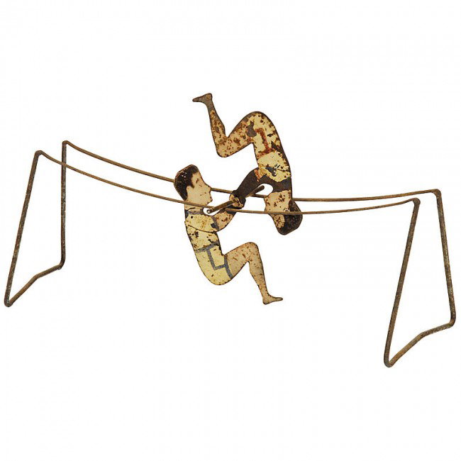 Early American Moving Toy: Early American Moving Toy Gravitation toy with 2 rotating gymnasts, iron and tin made, 17 3/4 in. wide. - Nearly a "Perpetuum Mobile". - Original! Frühes amerikanisches Bewegungsspielzeug, um 1880 Gr