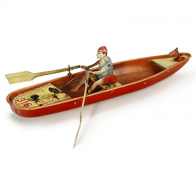 Mechanical Rower "Kellermann", 1935: Mechanical Rower "Kellermann", 1935 Georg Kellermann, Nuremberg, lithographed tin, clockwork (working), length 14 1/5 in. Mechanischer Ruderer "Kellermann", 1935 Georg Kellermann, Nürnberg, lithograp