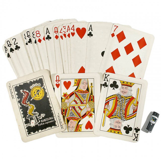 82 Large-Size Magician Cards, 1964: 82 Large-Size Magician Cards, 1964 For card manipulations, made for the international Magician Congress in Barcelona 1964 (FISM), size: 12 1/2 x 17 1/2 in.! Please compare the size to mobile phone. 82